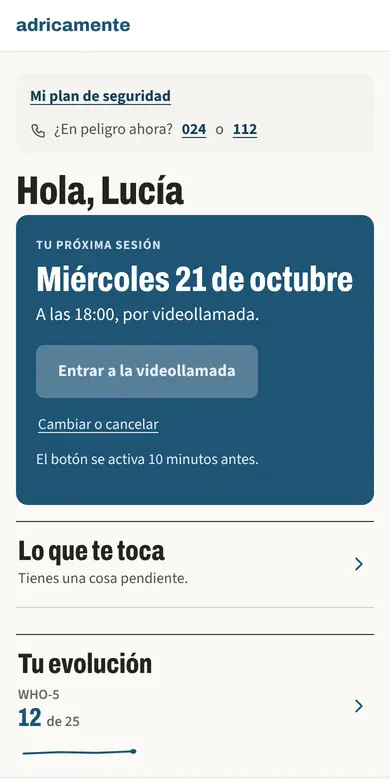 Captura del inicio de la cuenta en un móvil: la próxima sesión con el botón de la videollamada, lo pendiente y la última medida