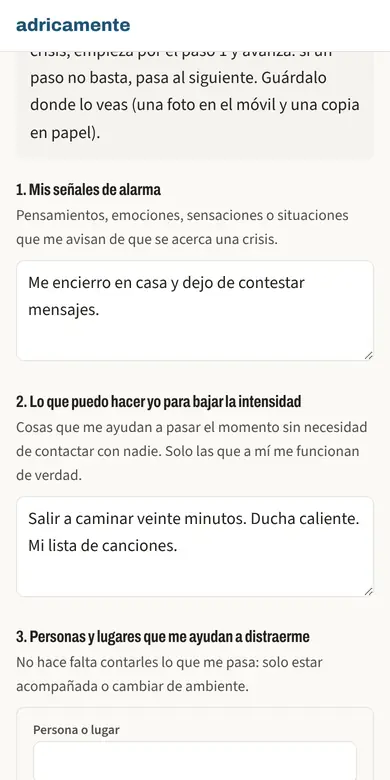 Captura del plan de seguridad en la cuenta, con las señales de alarma y lo que ayuda, escritos por la persona