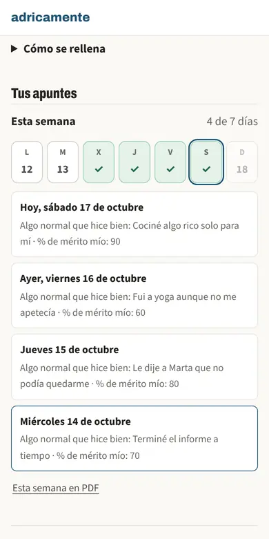 Captura de un ejercicio de autoestima en el móvil: la semana con cuatro días apuntados y lo escrito cada noche