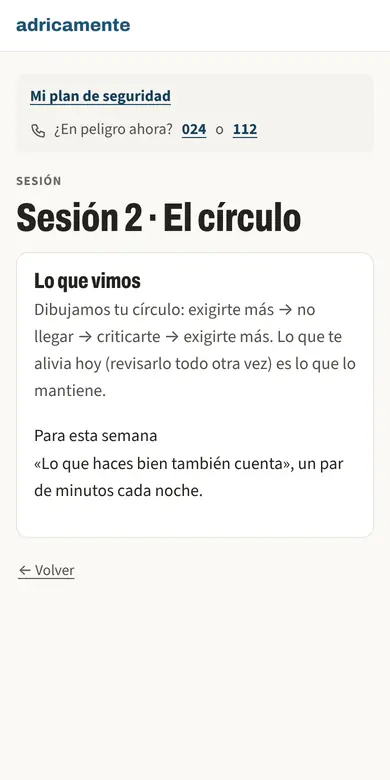 Captura de la cuenta en un móvil: el resumen de una sesión, con lo que vimos y lo que toca esa semana